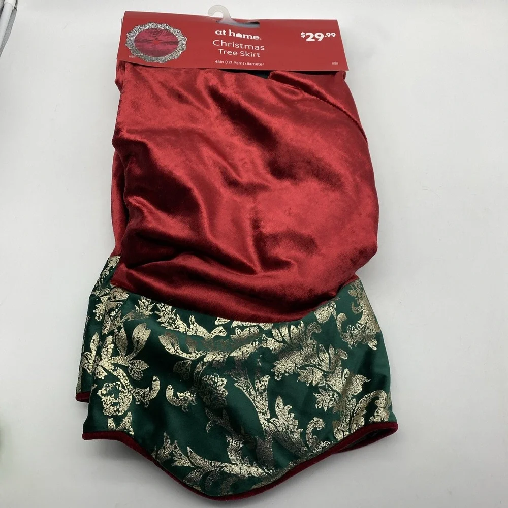 At Home Christmas Tree Skirt 48 inch Red Plush Green Gold Trim Scalloped Classic